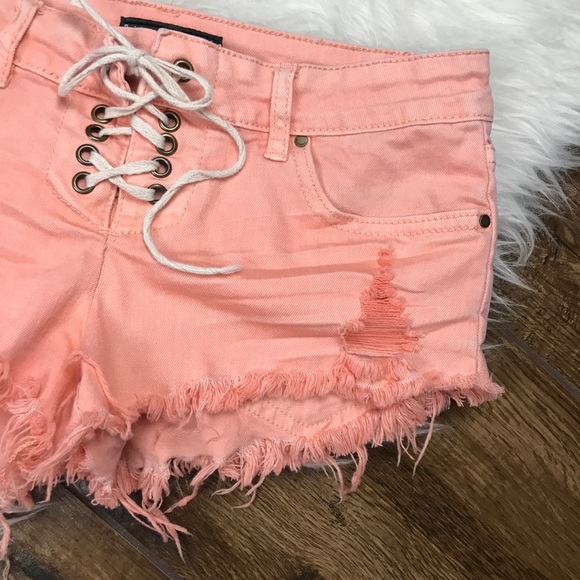 Billabong • Peach Lace Up Distressed Denim Shorts - Picture 4 of 8